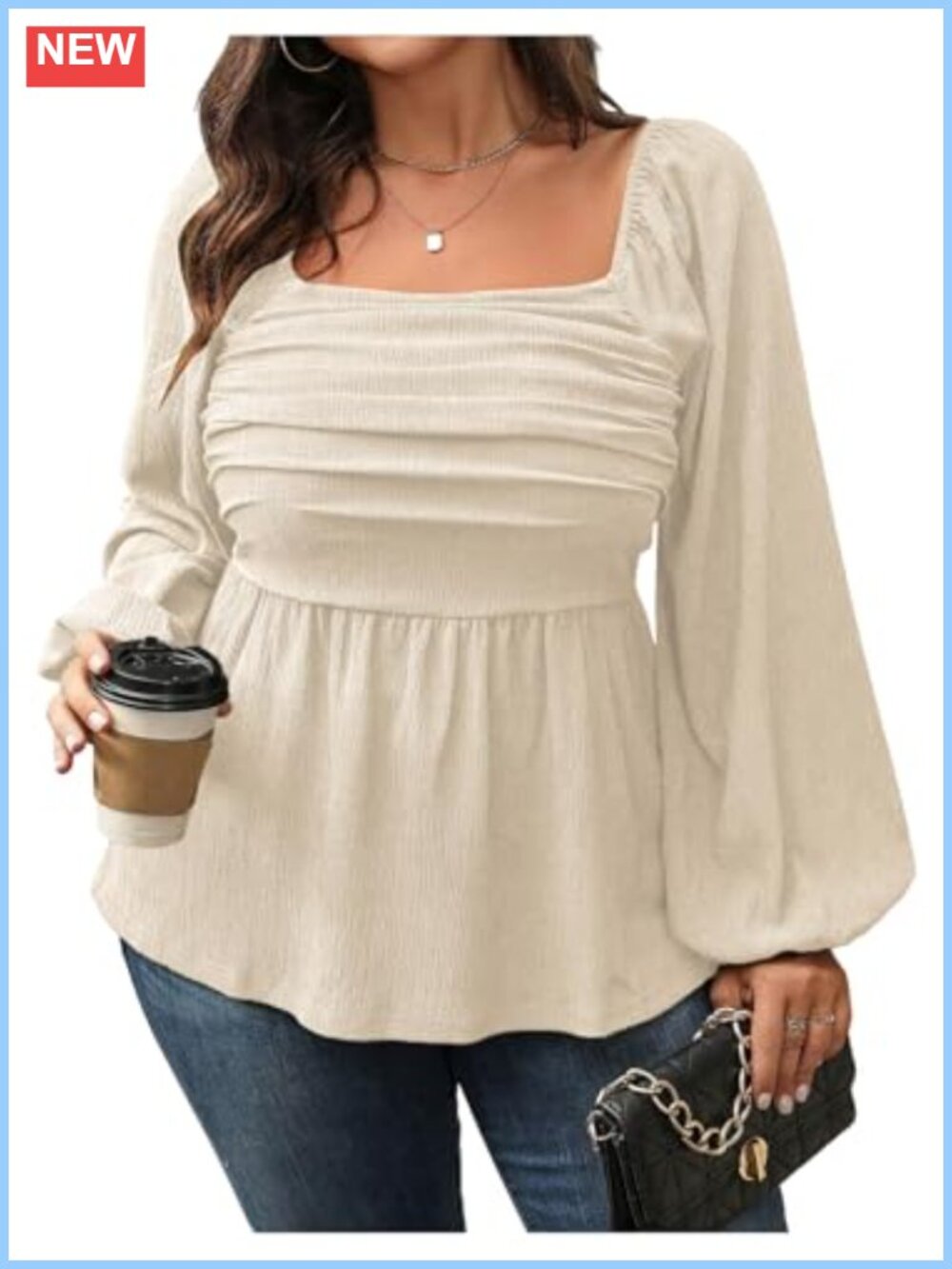 Plus Size Square Neck Lantern Sleeve Ruffle Hem Peplum Blouse Top